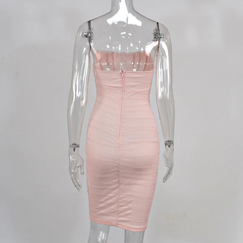 Corset Bustier Bone Ruched Mesh Midi Dresses