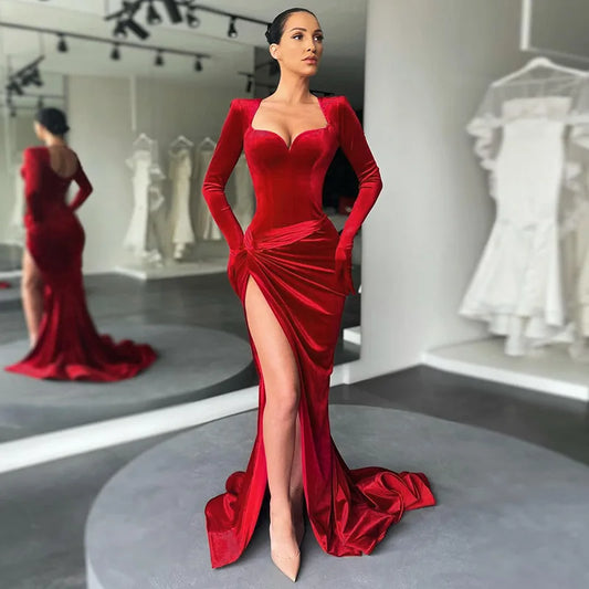 Elegant Ruched Gloves Sleeve Long Gown Evening Outfits