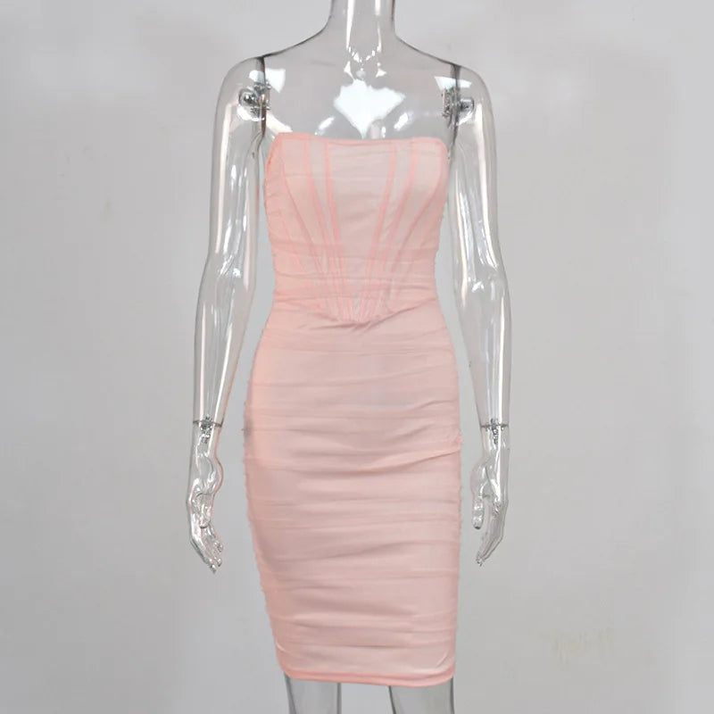 Corset Bustier Bone Ruched Mesh Midi Dresses
