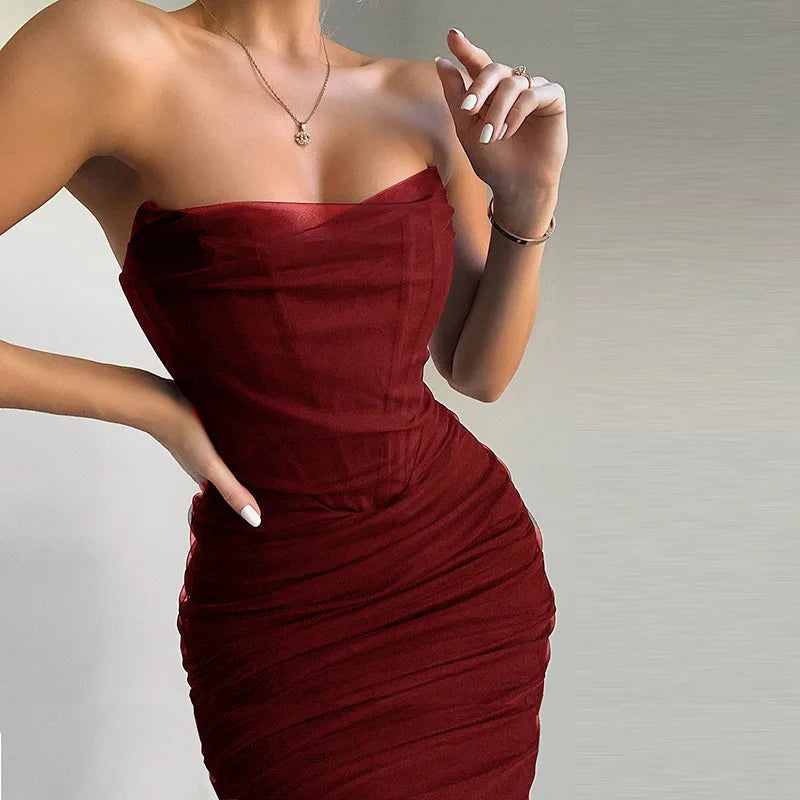 Corset Bustier Bone Ruched Mesh Midi Dresses