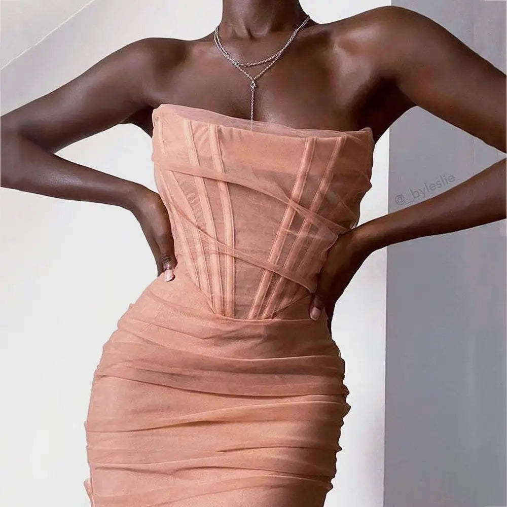 Corset Bustier Bone Ruched Mesh Midi Dresses