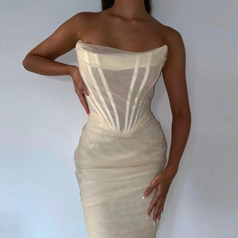 Corset Bustier Bone Ruched Mesh Midi Dresses