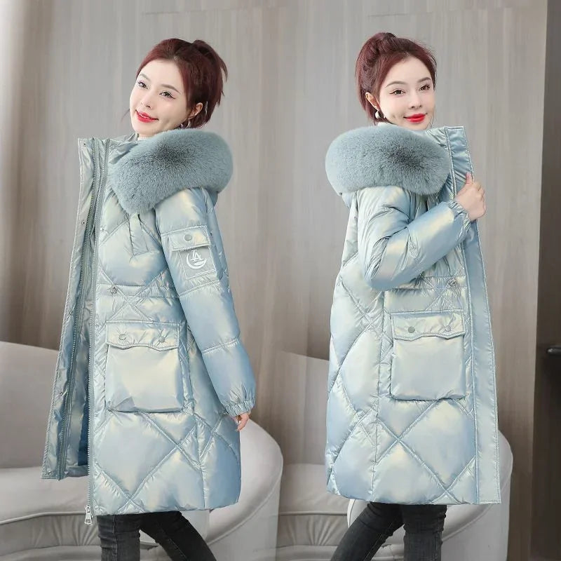 Champagne Winter Jacket Parkas Women Coat Fur Collar Hooded