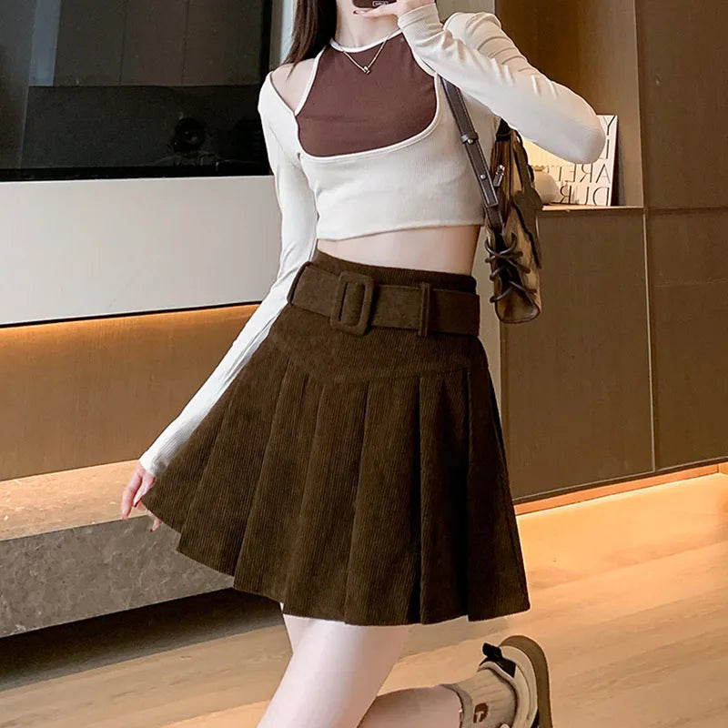 High Waist Pleated Skirt Woman Fashion with Belt A-Line Skirts
