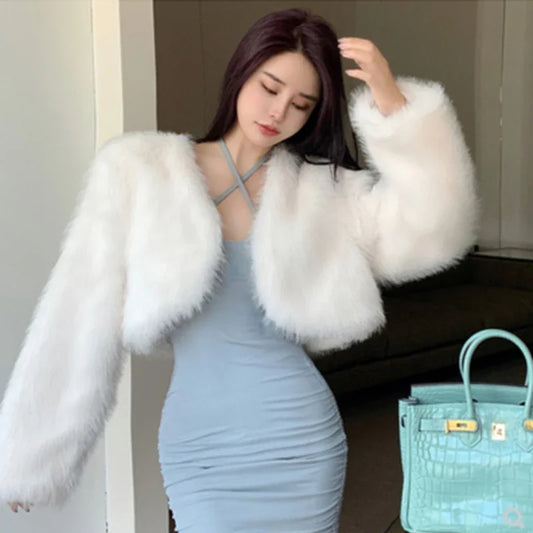 Women Fur Cardigan Short Cut Loose Long Sleeves Lady Jacket