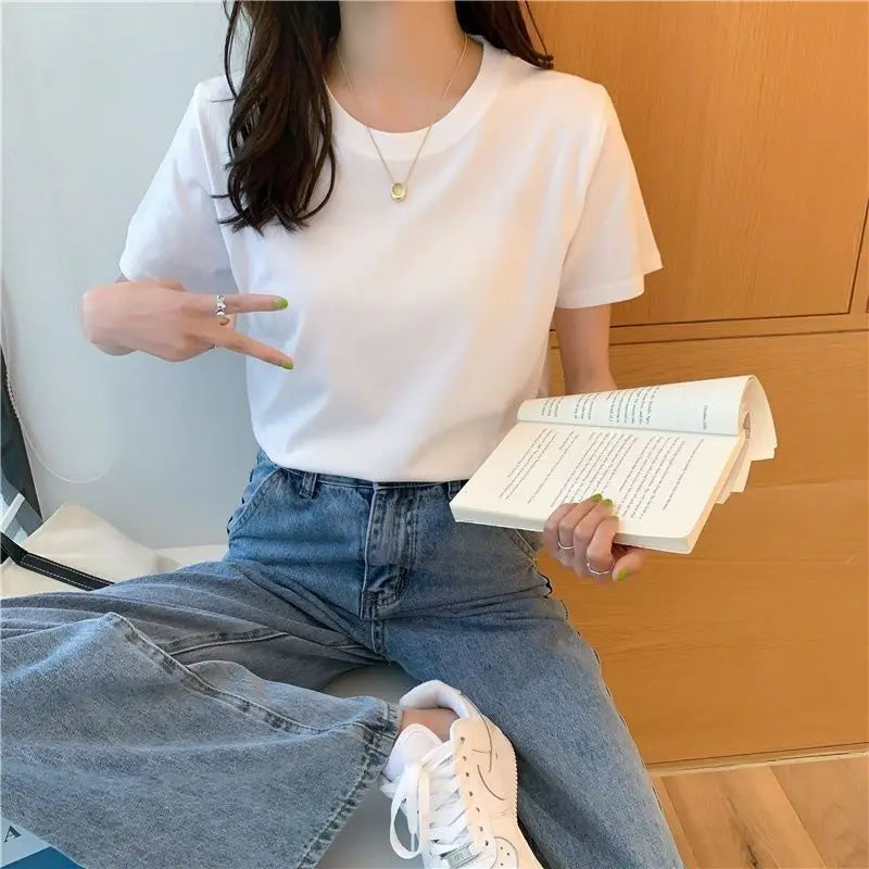 Cotton O Neck Loose Black/White Tops