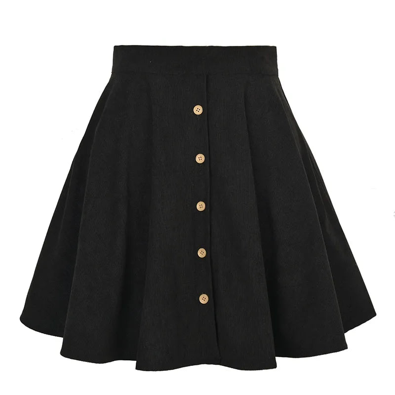Pleated Fluffy Elegant Single-Breasted Design Corduroy A-Line Skirts