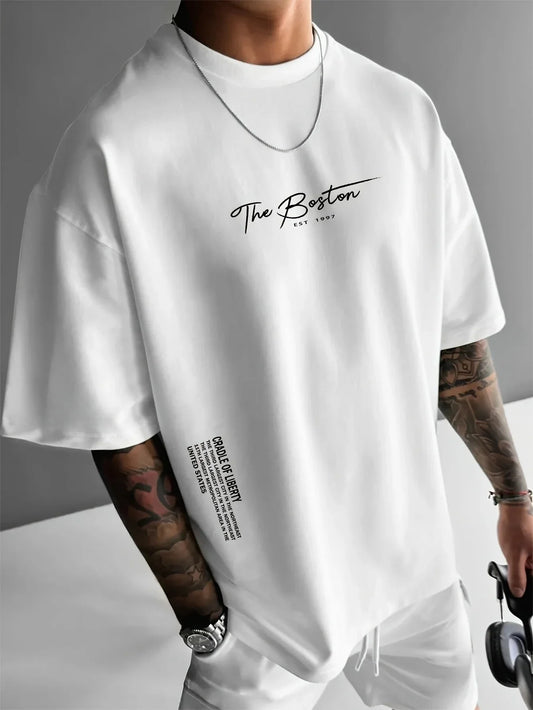 Summer fashion Boston slogan lettering crew casual round-neck t-shirt