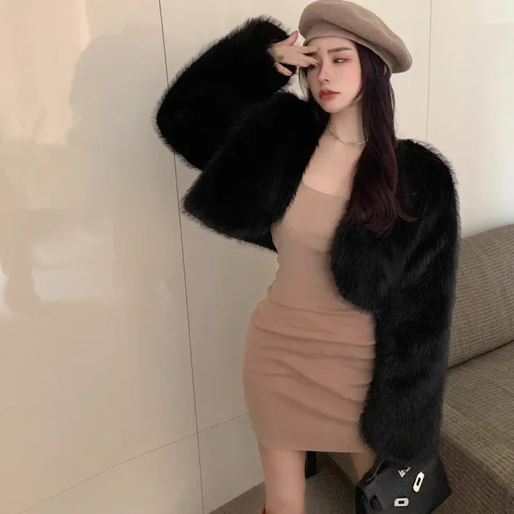 Women Fur Cardigan Short Cut Loose Long Sleeves Lady Jacket