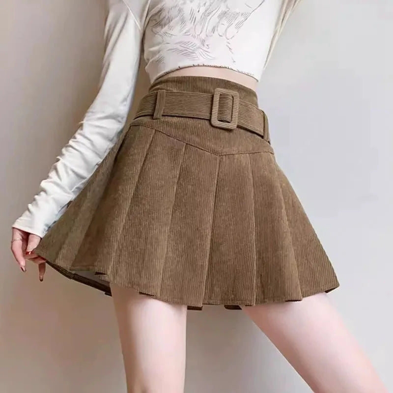 High Waist Pleated Skirt Woman Fashion with Belt A-Line Skirts