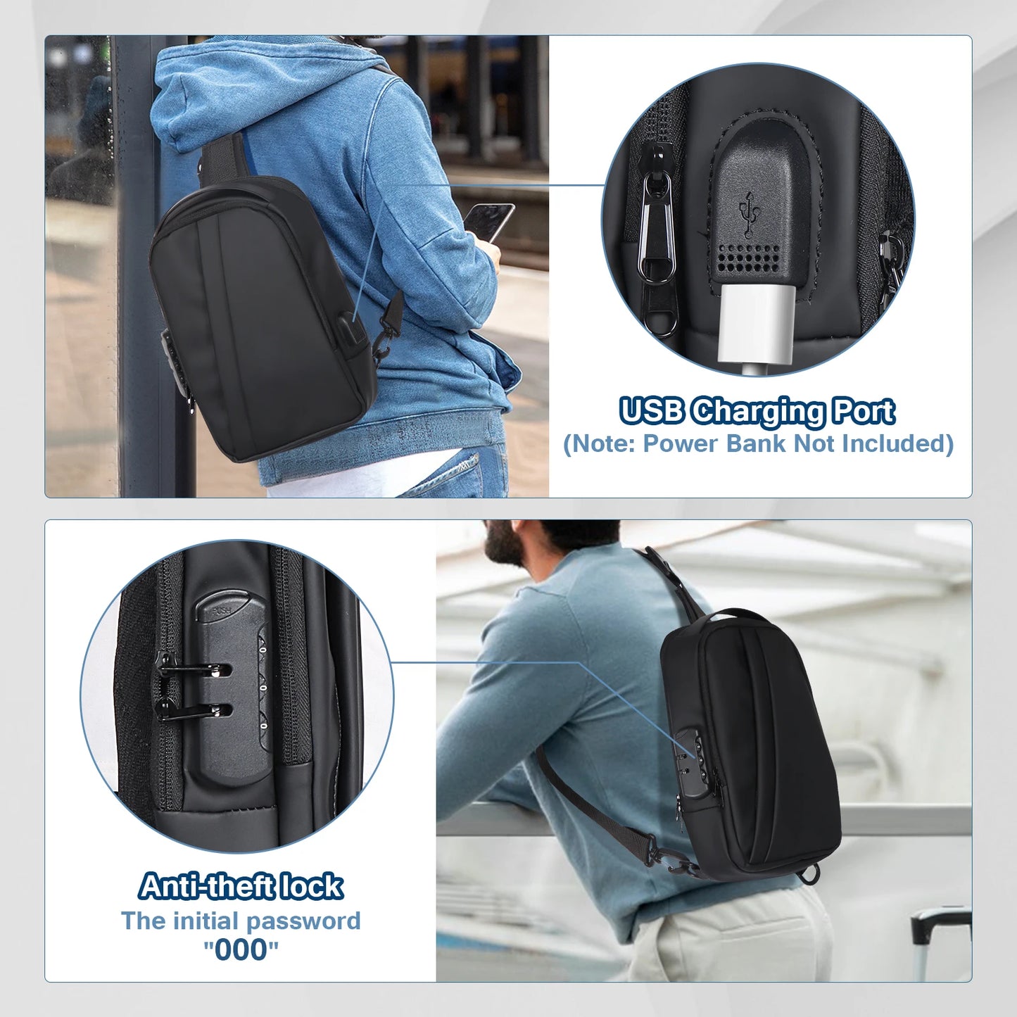 Men's  Anti-Theft Sling Bag Waterproof Usb Crossbody Bag