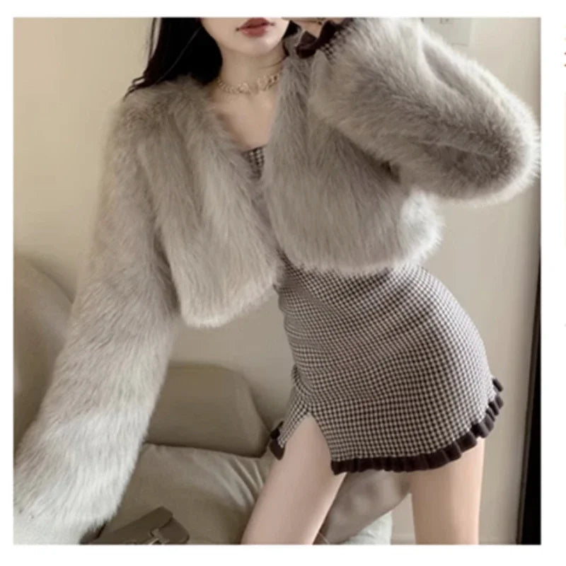 Women Fur Cardigan Short Cut Loose Long Sleeves Lady Jacket