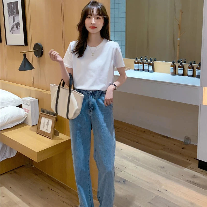 Cotton O Neck Loose Black/White Tops