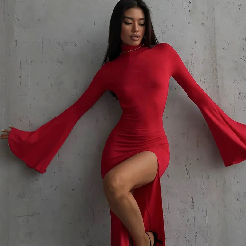 Red Split Maxi Dress  Sexy Open Back Style
