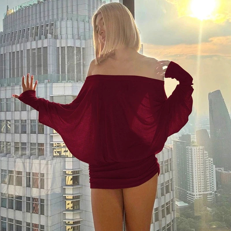 Hot Sexy Long Sleeve Ruched Off Shoulder Dresses Bodycon Solid