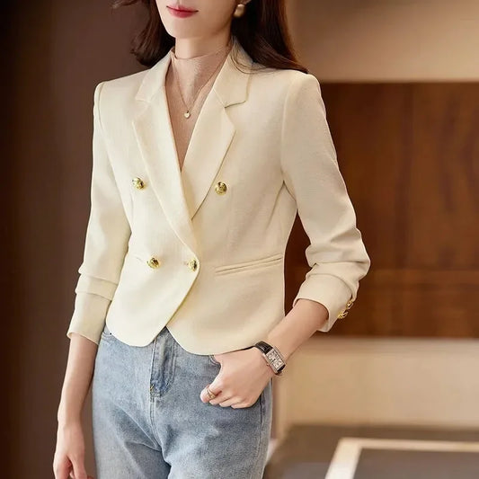 Double-Breasted Women Blazers Korean Notched Cropped Suit