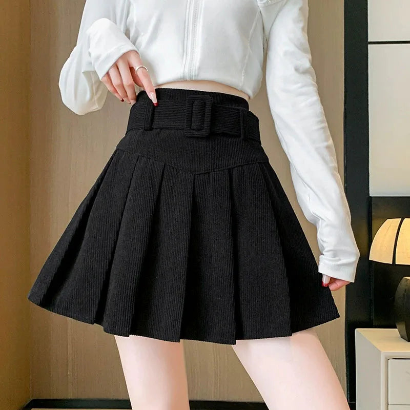 High Waist Pleated Skirt Woman Fashion with Belt A-Line Skirts