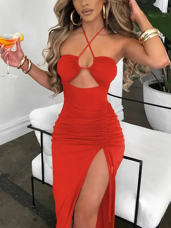 Sexy Halter Backless Sleeveless Club Party Slit Dresses Vestido