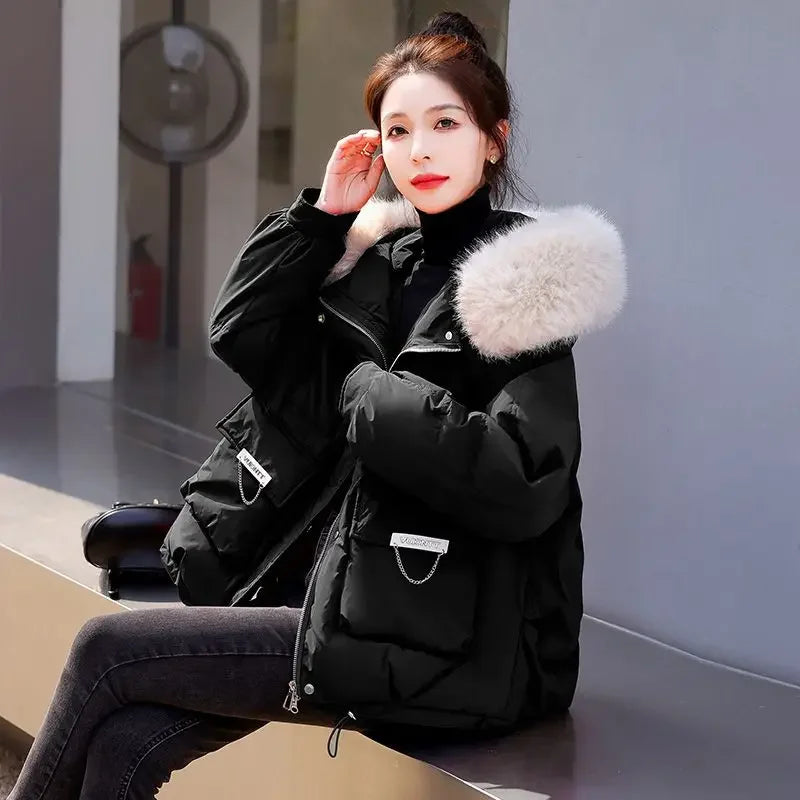 Women Jacket with Hood Winter Warm Loose Thick Short Outwear