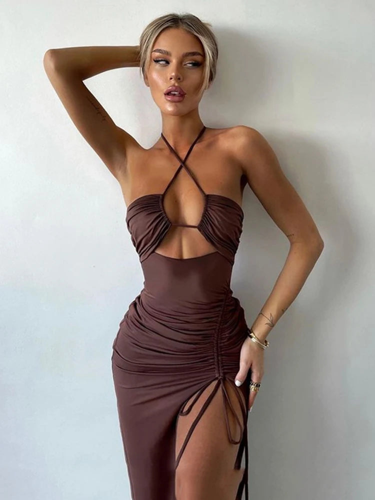 Sexy Halter Backless Sleeveless Club Party Slit Dresses Vestido