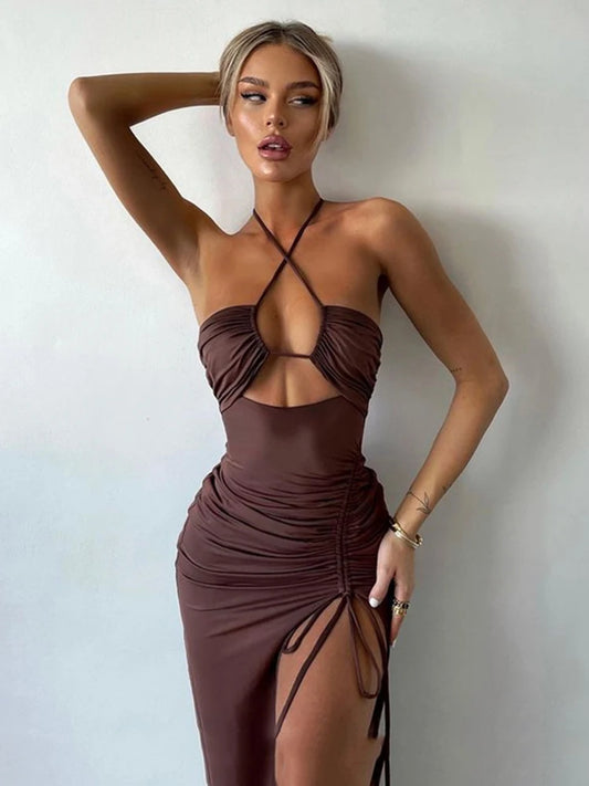 Sexy Halter Backless Sleeveless Club Party Slit Dresses Vestido