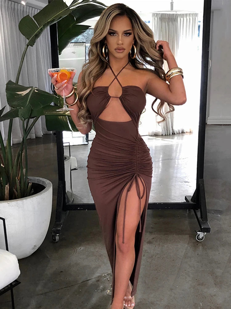 Sexy Halter Backless Sleeveless Club Party Slit Dresses Vestido