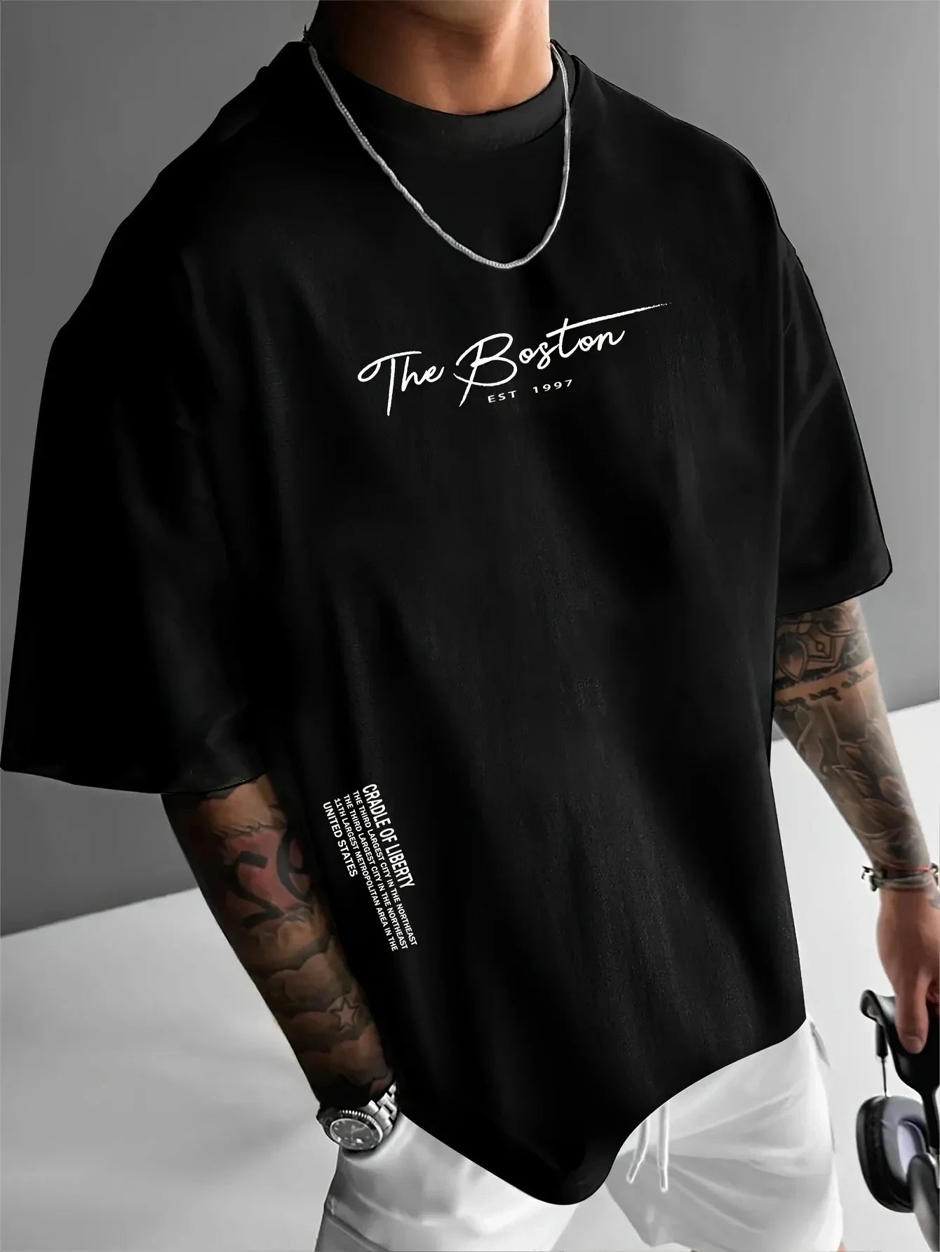Summer fashion Boston slogan lettering crew casual round-neck t-shirt