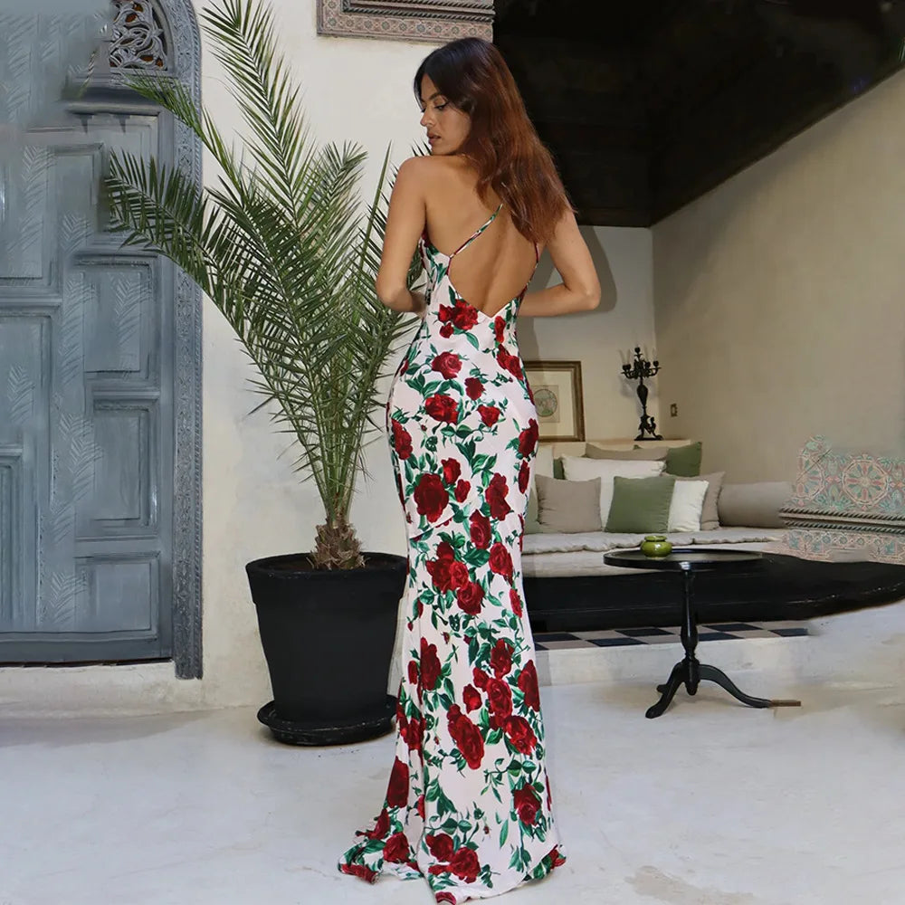 Floral Print Sexy V Neck Scarf Draped Maxi Dress
