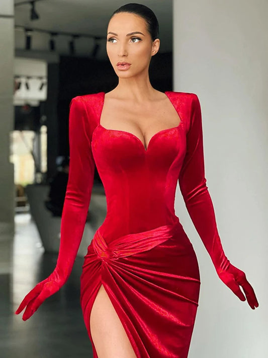 Elegant Ruched Gloves Sleeve Long Gown Evening Outfits