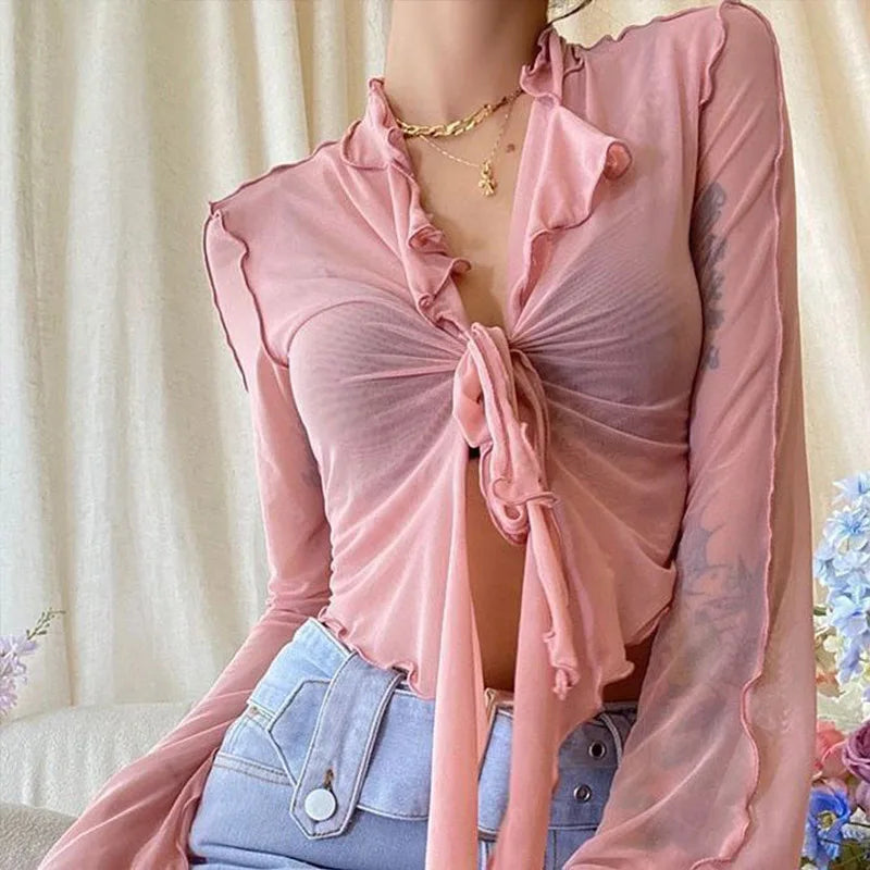 Lace-Up Mesh Flare Sleeve Blouse