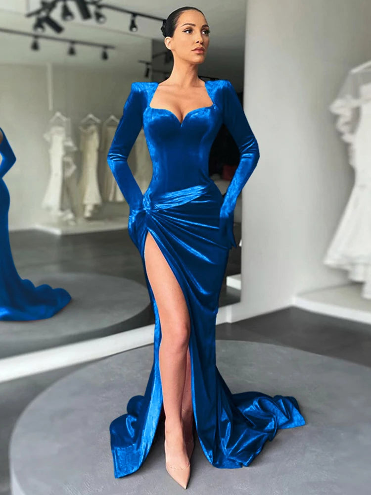 Elegant Ruched Gloves Sleeve Long Gown Evening Outfits