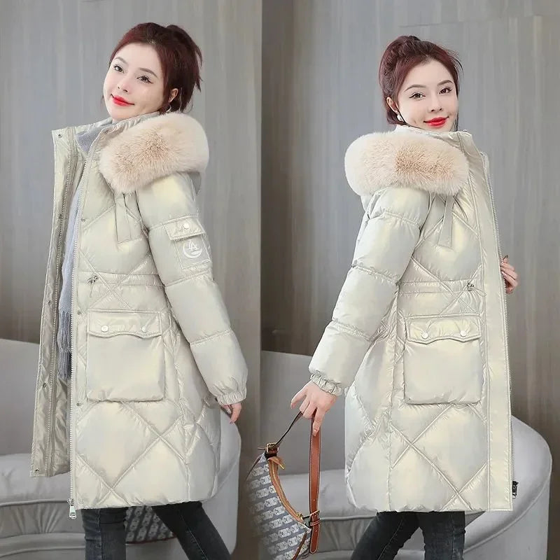 Champagne Winter Jacket Parkas Women Coat Fur Collar Hooded