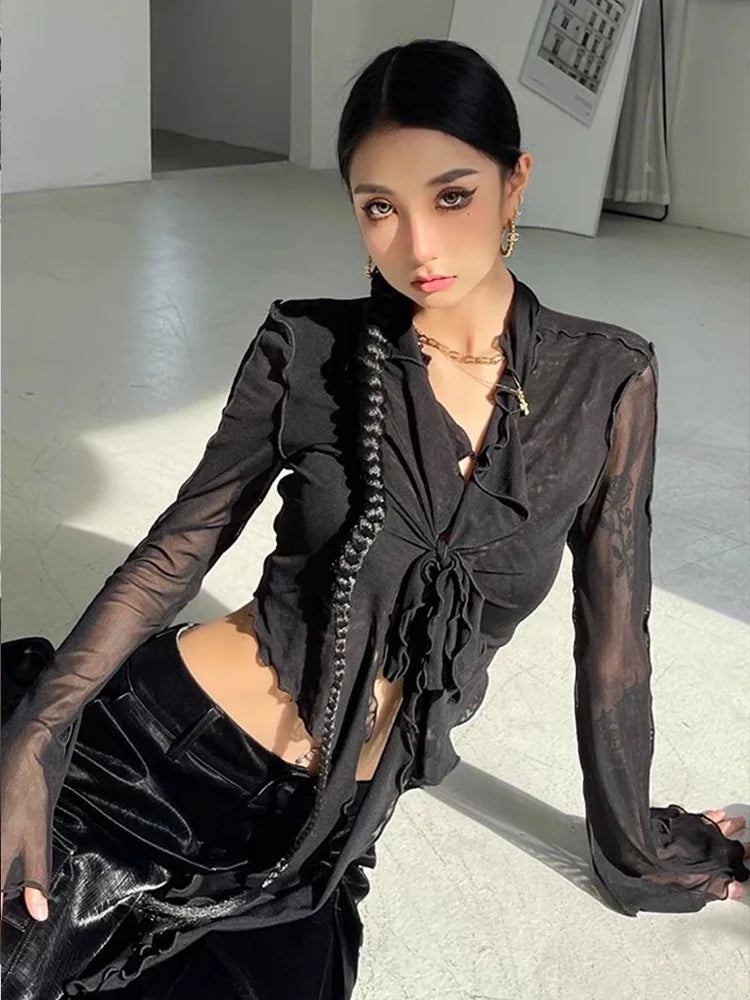 Lace-Up Mesh Flare Sleeve Blouse