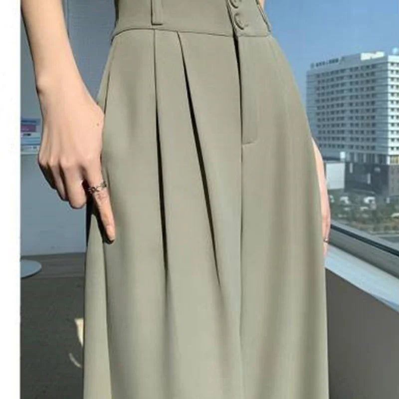 High Waist Wide Leg Pants Double Buttons Casual Suit Pants