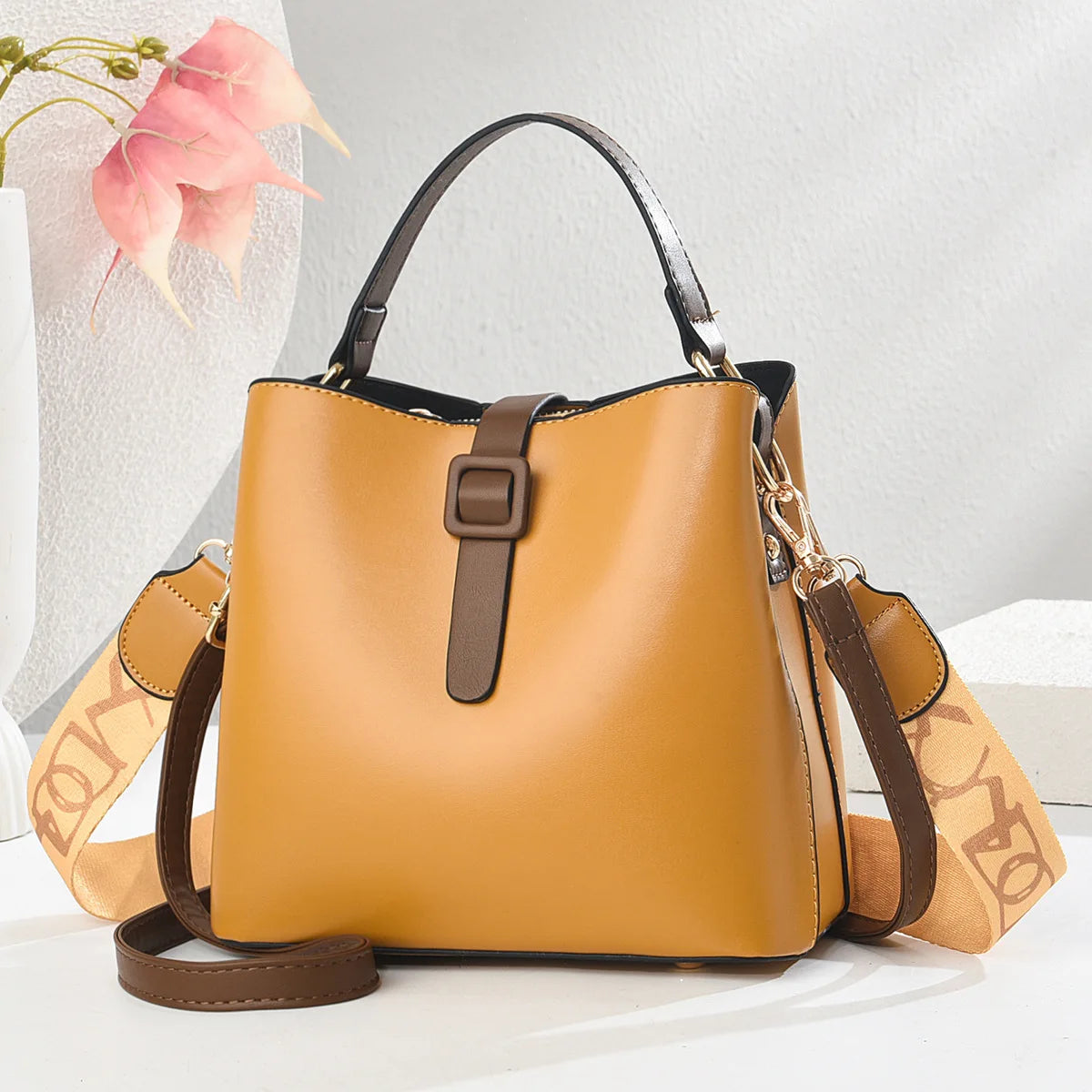 Women's Lychee pattern PU Portable bucket bag ladies messenger bag