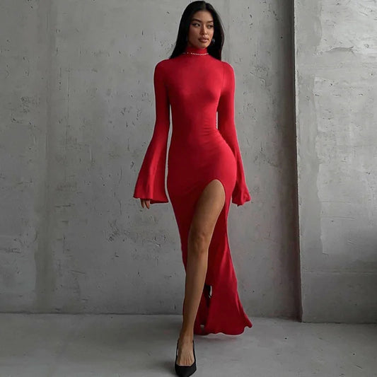 Red Split Maxi Dress  Sexy Open Back Style