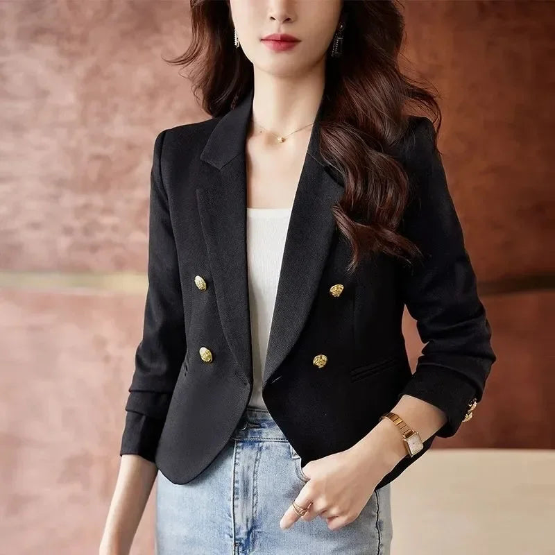 Double-Breasted Women Blazers Korean Notched Cropped Suit