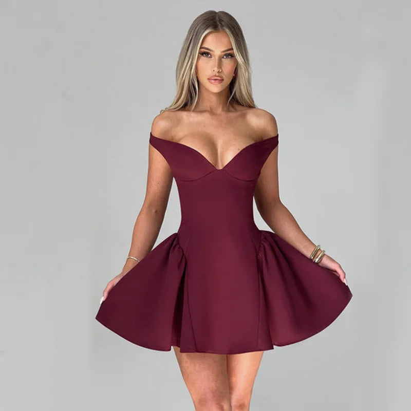 Off Shoulder Draped V Neck Mini Outfit Dress