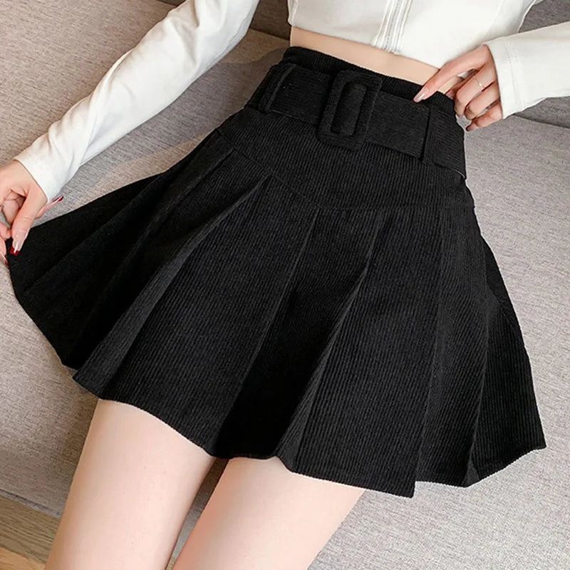 High Waist Pleated Skirt Woman Fashion with Belt A-Line Skirts