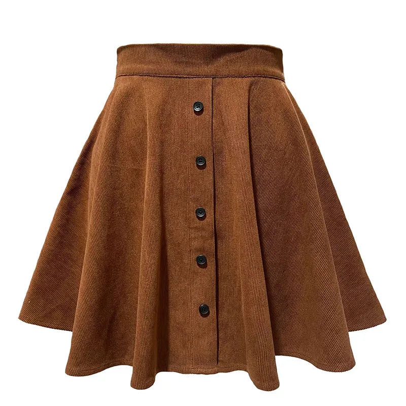 Pleated Fluffy Elegant Single-Breasted Design Corduroy A-Line Skirts