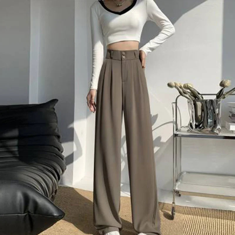 High Waist Wide Leg Pants Double Buttons Casual Suit Pants