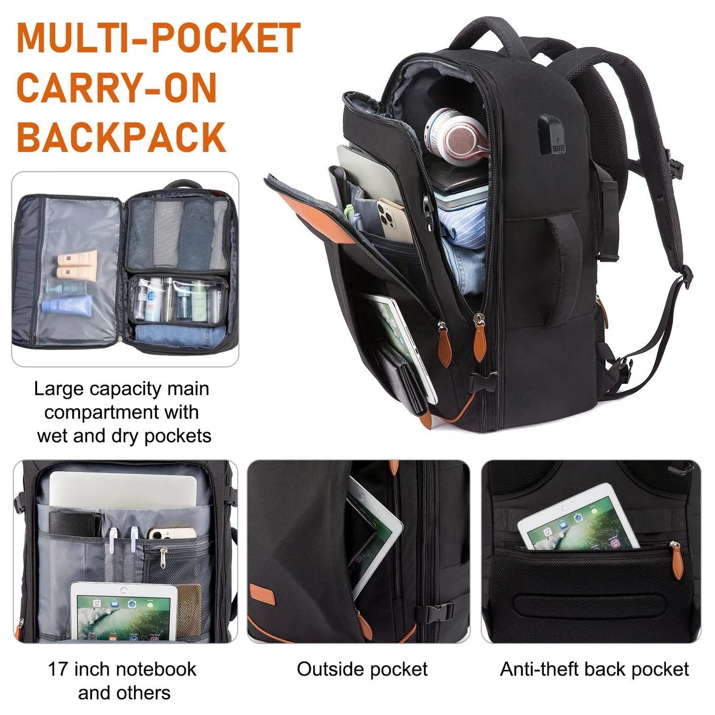 Large Capacity Expandable Travel Backpacks Water Resistant Mochila