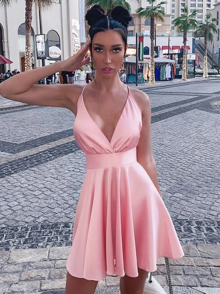 Wrap Mini Dresses Spaghetti Straps Elegant Dress Solid Vestidos