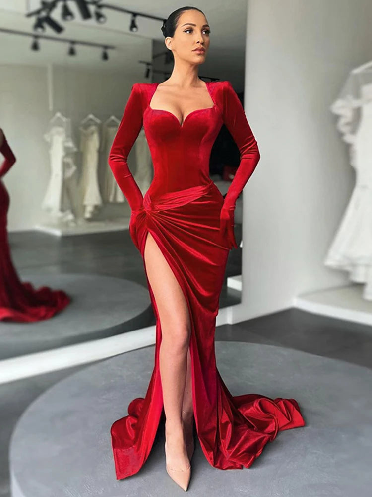 Elegant Ruched Gloves Sleeve Long Gown Evening Outfits