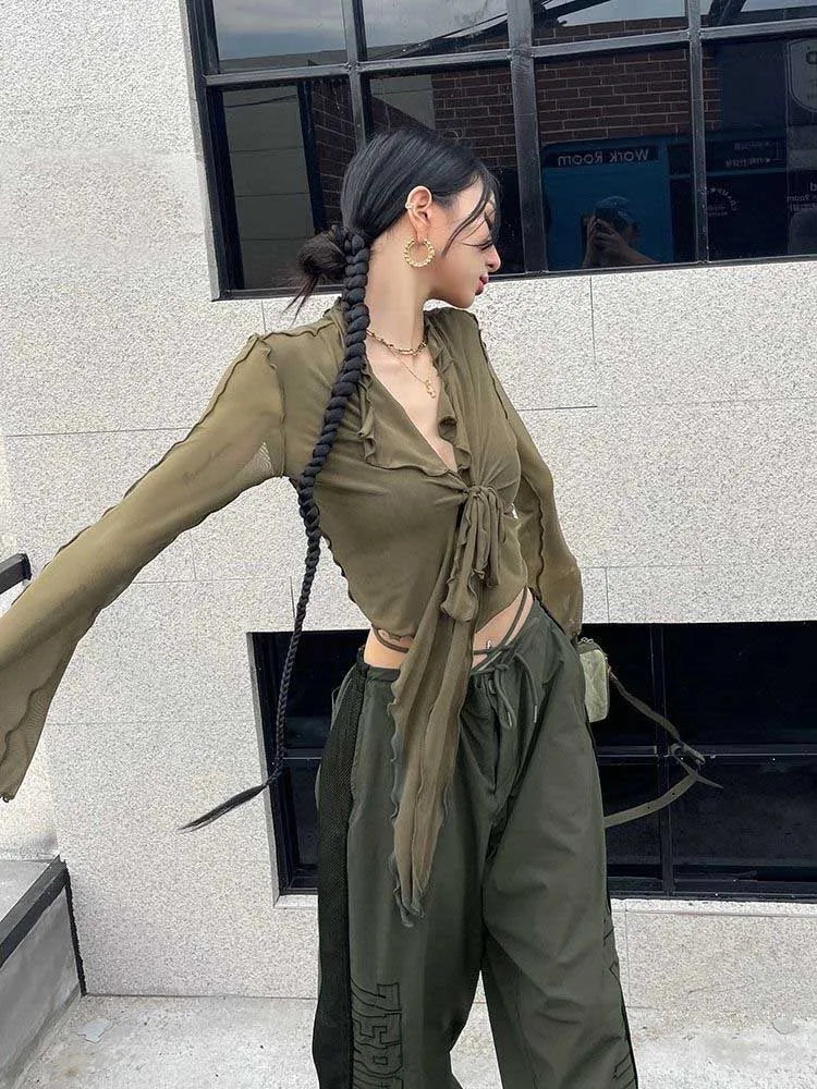 Lace-Up Mesh Flare Sleeve Blouse