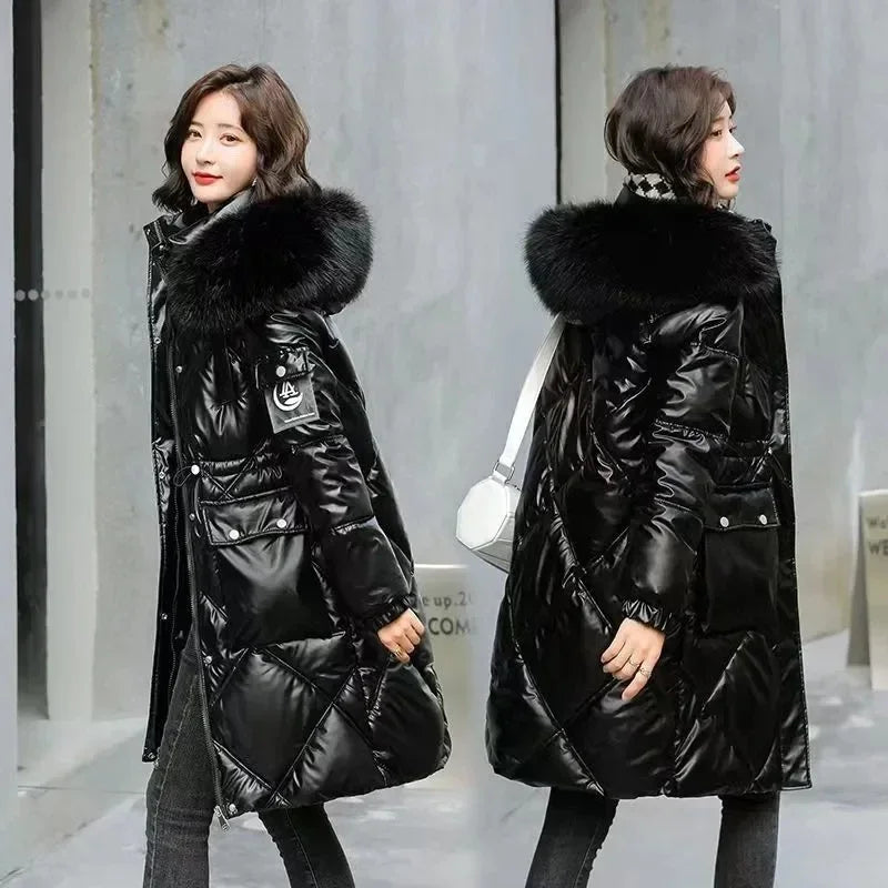 Champagne Winter Jacket Parkas Women Coat Fur Collar Hooded