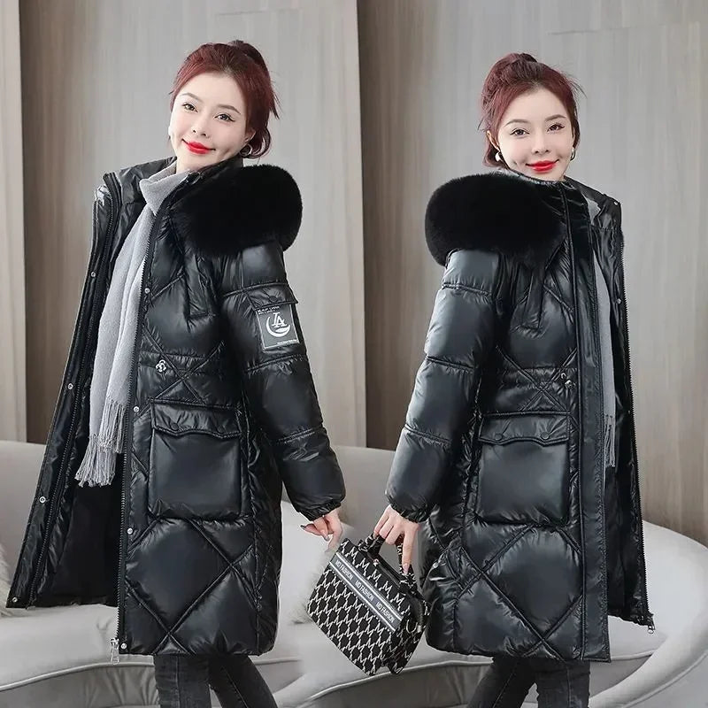Champagne Winter Jacket Parkas Women Coat Fur Collar Hooded