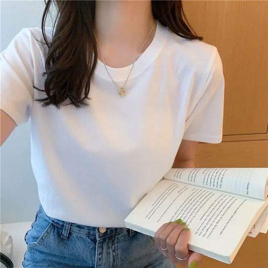 Cotton O Neck Loose Black/White Tops