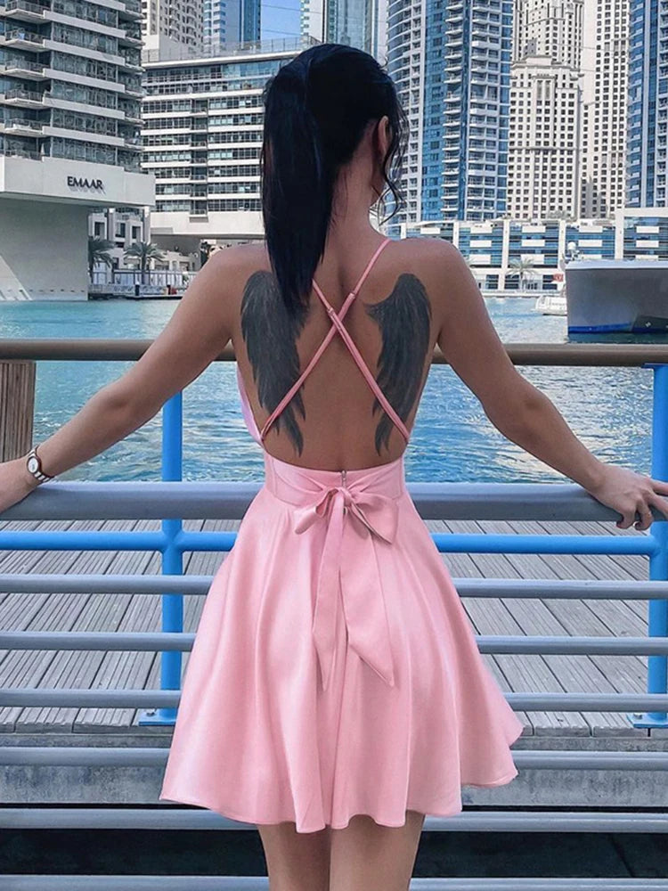 Wrap Mini Dresses Spaghetti Straps Elegant Dress Solid Vestidos