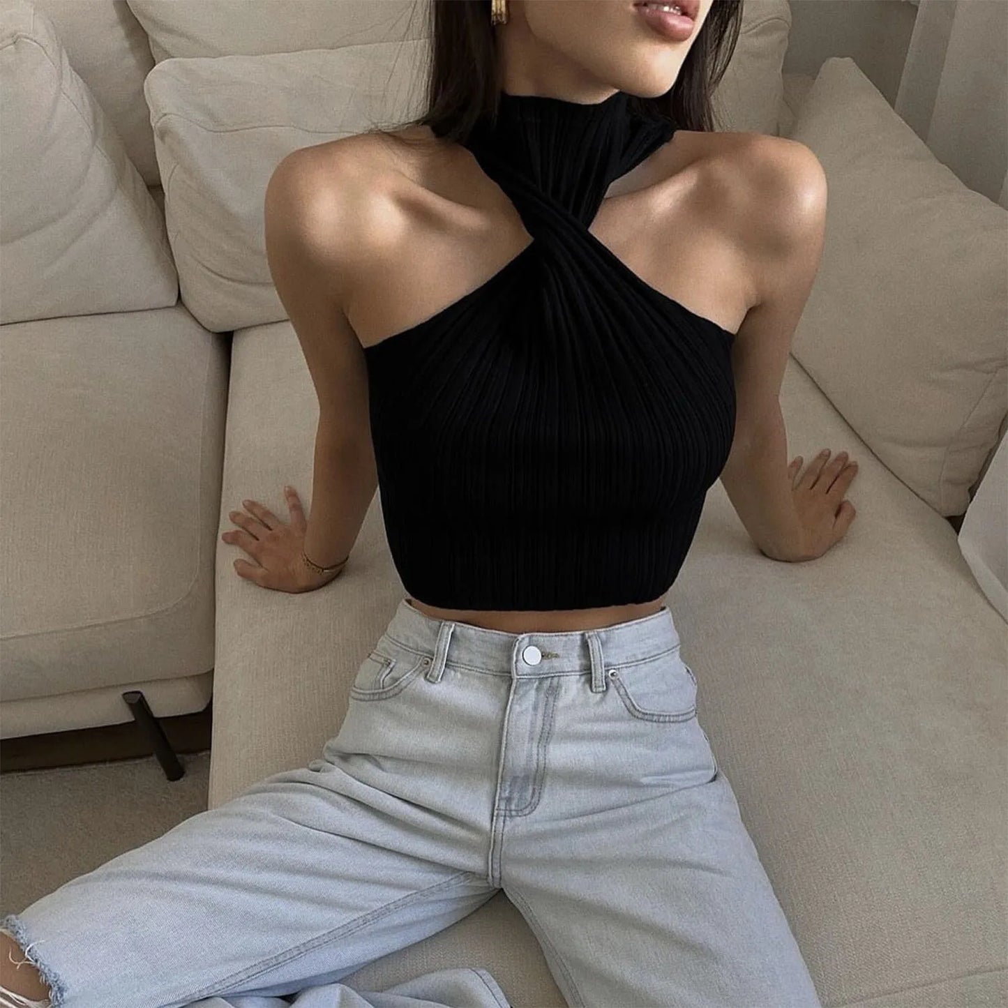 Knitted Sexy Twist Front Sleeveless Halter Crop Top